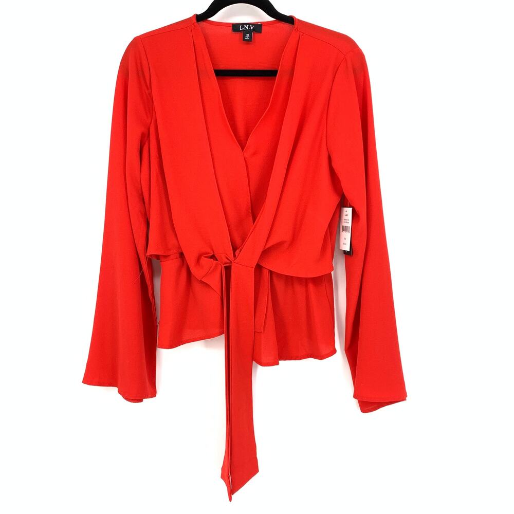 L.N.V Top Women's Size Medium Tie Front Long Sleeve Blouse Red NEW